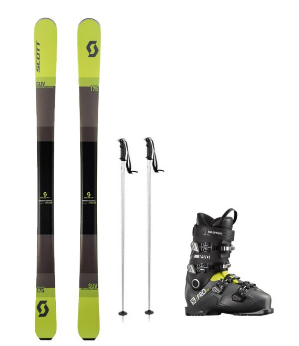 Deux skis, deux bâtons et une paire de chaussures de ski